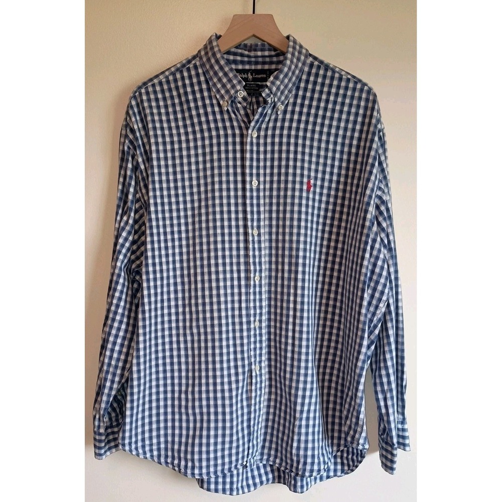 Ralph Lauren Mens XL Blaire Shirt Blue White Check Button Down 100% Cotton